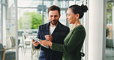 Buy stock photo Business, people or tablet with advice in office for market shift, explain stock price or trading news. Trader, teamwork and discussion with tech for financial report, investment feedback and update