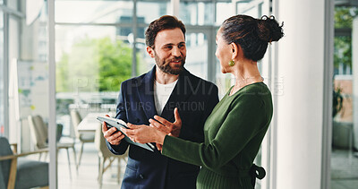 Buy stock photo Discussion, tablet and business people in office with research for finance review in collaboration. Advice, manager and financial advisor with digital technology for investment proposal in workplace.