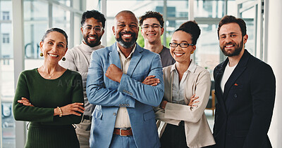 Buy stock photo Portrait, lawyers and people in office, smile and cooperation with corporate professionals. About us, diversity and employees with legal aid, attorneys or advisor law firm with teamwork or confidence