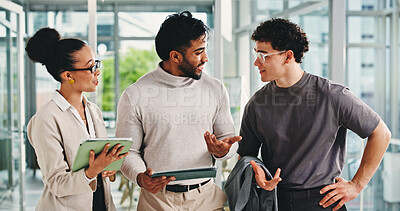 Buy stock photo Happy, team or discussion with tablet in business for trading profit, market interest or price target. Trader, people and tech in office for portfolio performance, risk management and stocks feedback