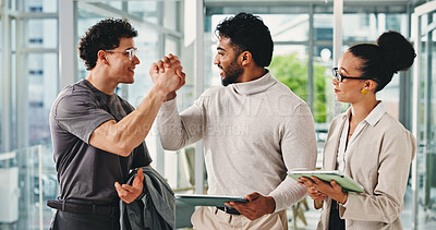 Buy stock photo Tablet, business people and high five in office for success, project approval and financial target. Tech, achievement and celebration with team at work for investment profit, deal or happy for goal