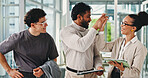 Businessman, high five and celebration with team, tablet or achievement with financial job at office. People, broker and group with motivation with goals, profit and revenue at investment agency
