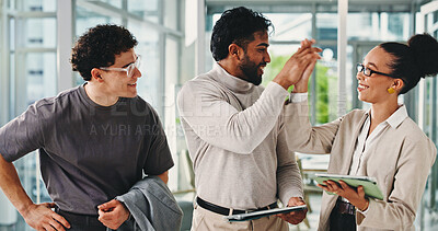 Buy stock photo Businessman, high five and celebration with team, tablet or achievement with financial job at office. People, broker and group with motivation with goals, profit and revenue at investment agency