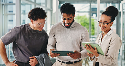 Buy stock photo Office, team and people with tablet, online and review ad results on website, discussion and meeting. Business, collaboration and colleagues with tech for campaign, research and digital marketing