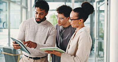 Buy stock photo Business, team or tablet with discussion in office for trading advice, explain stock price or update. Trader, happy people and digital app for market research, investment training and financial news