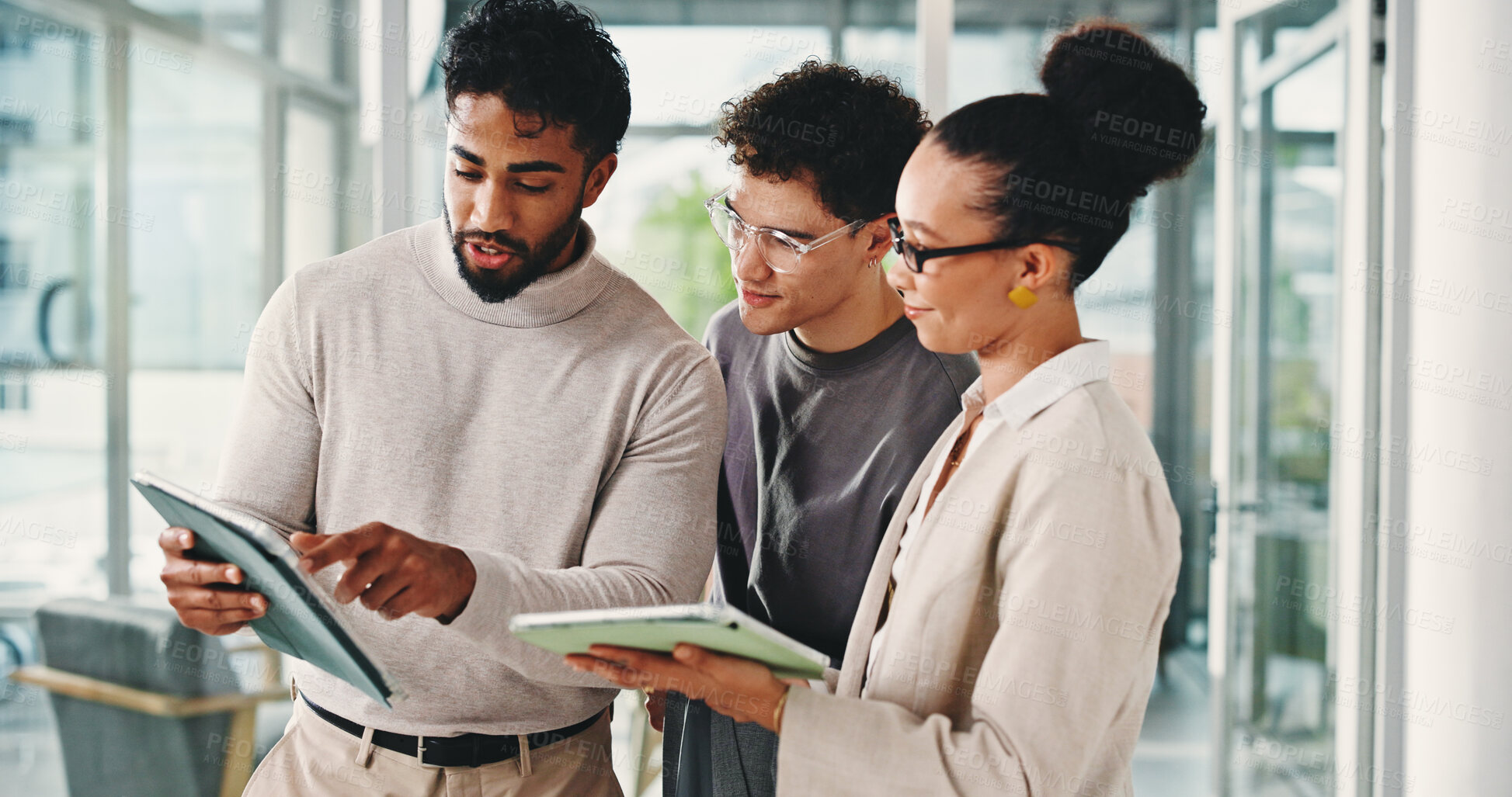 Buy stock photo Business, team or tablet with discussion in office for trading advice, explain stock price or update. Trader, happy people and digital app for market research, investment training and financial news