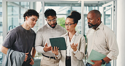 Buy stock photo Office, team and people with tablet, discussion and review ad results on website, online and meeting. Business, collaboration and colleagues with tech for campaign, research and digital marketing