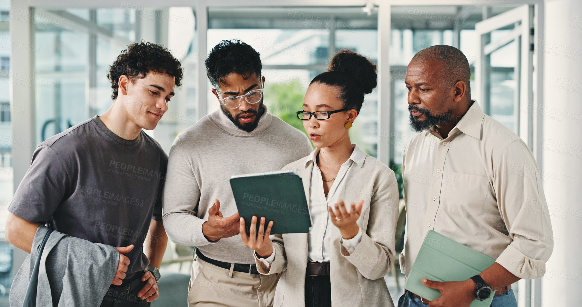 Buy stock photo Office, team and people with tablet, discussion and review ad results on website, online and meeting. Business, collaboration and colleagues with tech for campaign, research and digital marketing