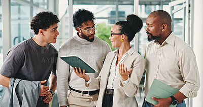 Buy stock photo Business, team or happy with tablet in office for trading profit, market interest or price target. Trader, people or discussion with tech for portfolio performance, risk management or stocks feedback