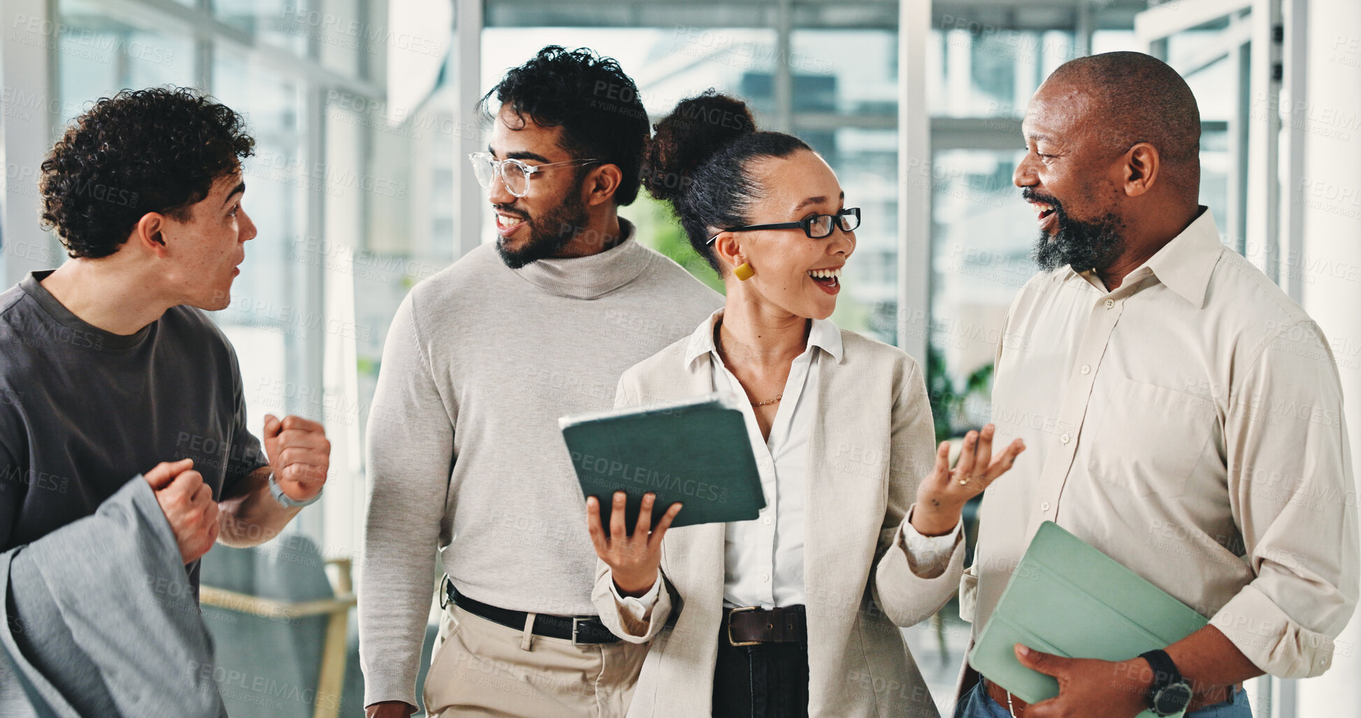 Buy stock photo Excited, people and meeting with tablet in office for good news, promotion email and story funding. Team, talking and digital for announcement, positive feedback and celebration for award nomination
