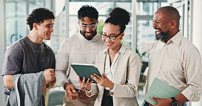 Buy stock photo Boardroom, women and men with tablet, meeting and happy for ad performance on web and collaboration. Colleagues, laugh and people with positive campaign results, online and tech for digital marketing