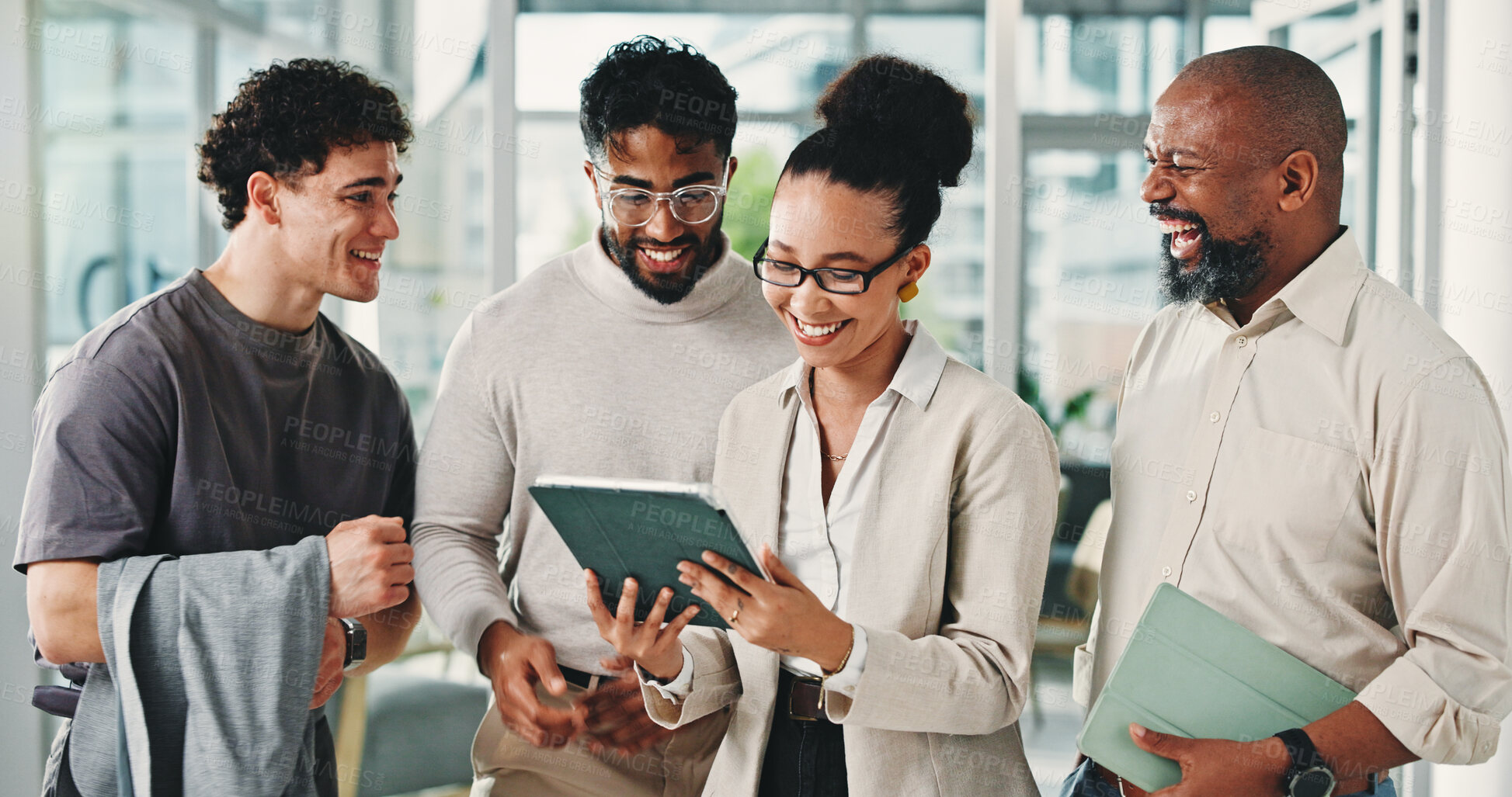 Buy stock photo Boardroom, women and men with tablet, meeting and happy for ad performance on web and collaboration. Colleagues, laugh and people with positive campaign results, online and tech for digital marketing