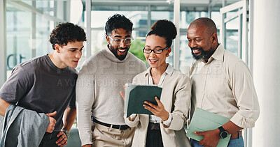 Buy stock photo Excited, team and people with tablet, office and review ad results on website, good news and online. Happy, colleagues and collaboration for digital marketing, discussion and meeting for campaign