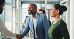 Businessman, handshake and happy with team, success and congratulations with promotion at office. People, excited and shaking hands with goals, profit and thanks with praise at investment agency