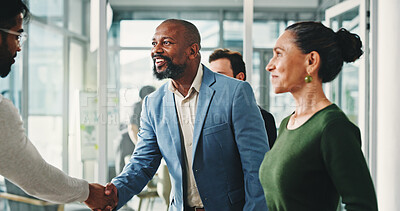 Buy stock photo Businessman, handshake and happy with team, success and congratulations with promotion at office. People, excited and shaking hands with goals, profit and thanks with praise at investment agency
