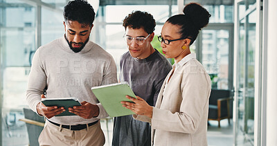 Buy stock photo Business, people or tablet with meeting in office for trading update, stock price alert or planning. Trader, teamwork and digital tech for market research, assess financial news and monitor portfolio