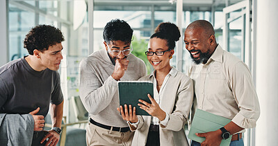 Buy stock photo Excited, meeting and tablet with business people in office together for collaboration or update. App feedback, conversation and review with employee team in workplace for project management success