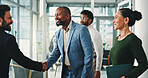 Businessman, handshake and excited with team, success and congratulations with promotion at office. People, happy and shaking hands with goals, profit and thanks with praise at investment agency