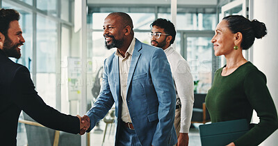 Buy stock photo Businessman, handshake and excited with team, success and congratulations with promotion at office. People, happy and shaking hands with goals, profit and thanks with praise at investment agency