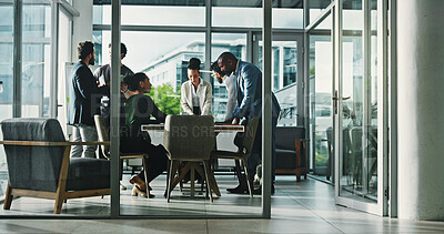 Buy stock photo Meeting, collaboration and business people in office with finance review for budget planning. Teamwork, corporate and group of financial advisors with discussion for investment proposal in workplace.