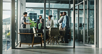 Buy stock photo Collaboration, meeting and presentation with business people in boardroom for coaching or training. Data, feedback and whiteboard with employee group in glass office for review of charts or graphs