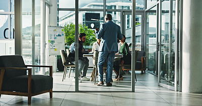 Buy stock photo Businessman, coach and discussion with team for corporate performance, revenue or statistics. Man, employee or speaker with group for presentation, business analytics or company progress in workplace