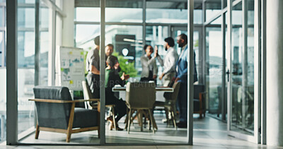 Buy stock photo Blur, high five and meeting with business people in boardroom for coaching or presentation. Data, success and whiteboard with happy employee group in glass office for review of charts or graphs