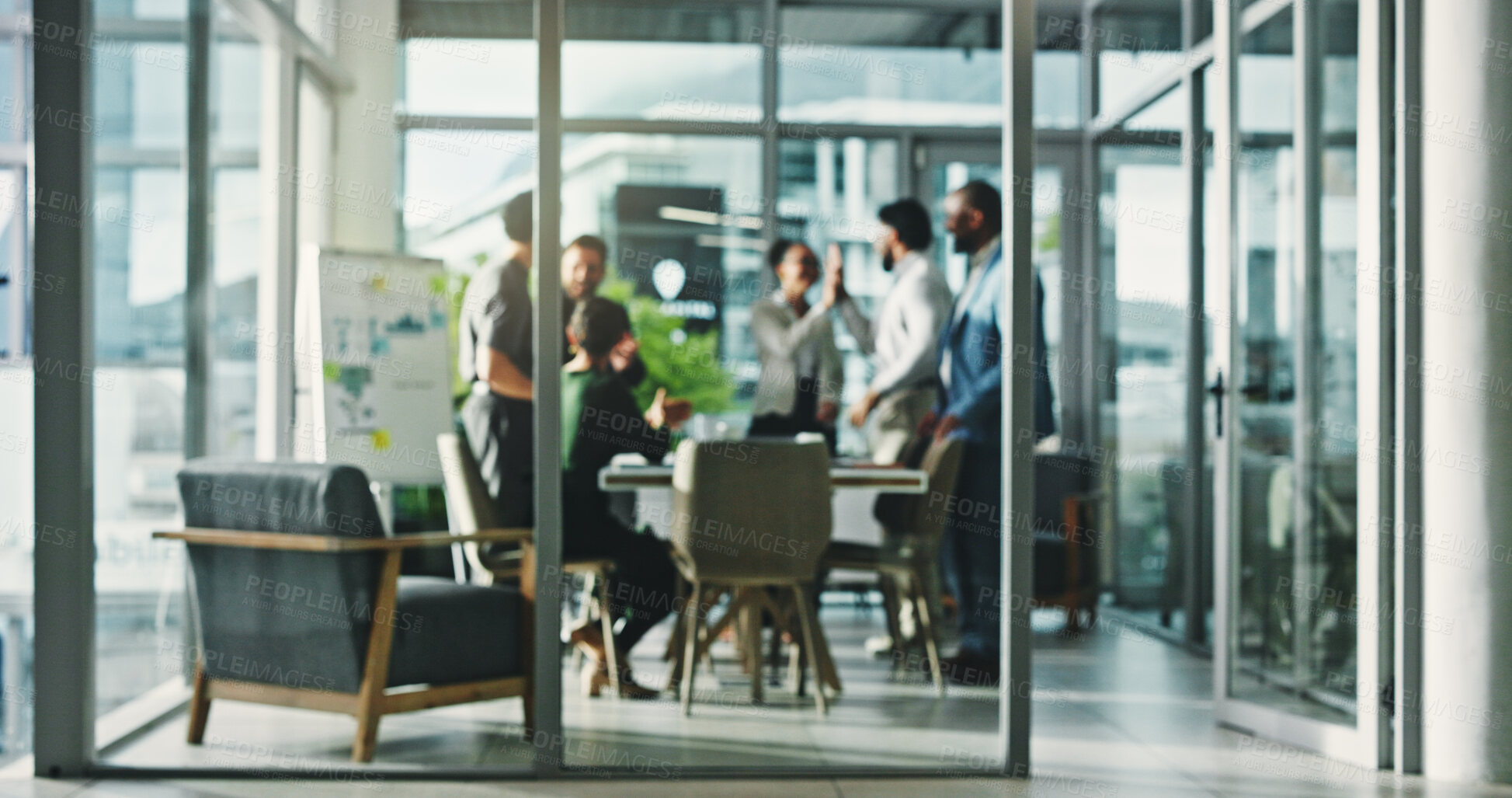 Buy stock photo Blur, high five and meeting with business people in boardroom for coaching or presentation. Data, success and whiteboard with happy employee group in glass office for review of charts or graphs