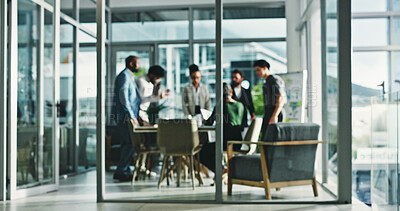 Buy stock photo Glass, team and business people at office meeting, planning and discussion for financial strategy. Staff, group and blur in boardroom, review and feedback for asset management at investment agency