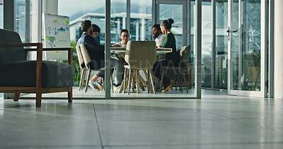 Buy stock photo Business people, team and meeting with blur in conference for planning, brainstorming or strategy. Group, employees or colleagues with discussion for analytics, statistics or performance in workplace