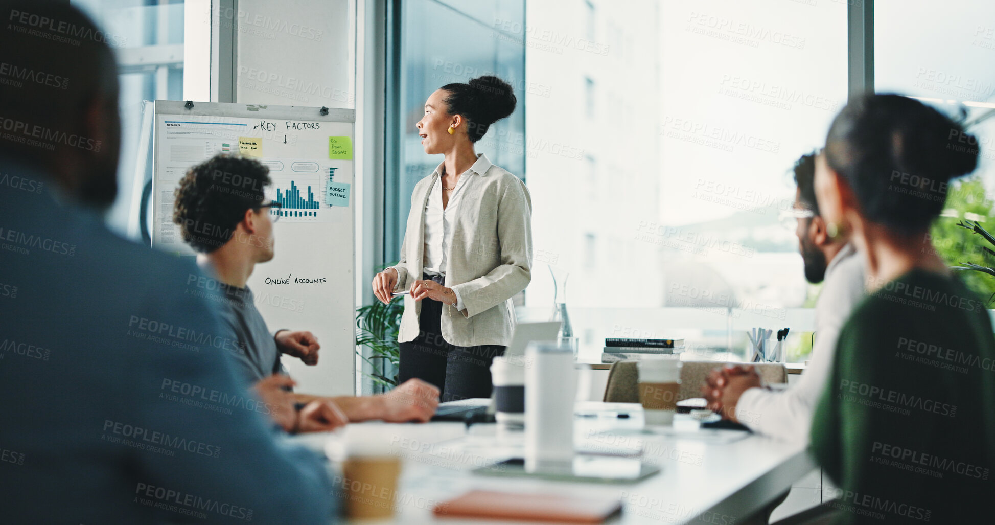 Buy stock photo Business woman, presentation or meeting with whiteboard, team or project planning in office. Female person, employee or coach with group for brainstorming, staff training or strategy in workplace