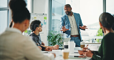 Buy stock photo Presentation, meeting and business people in office for planning with finance review of company. Discussion, whiteboard and financial advisors with investment proposal in collaboration in workplace.