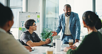 Buy stock photo Businessman, presentation or meeting with team, whiteboard or planning for project in office. Man, employee or coach with group for brainstorming, staff training or business workshop in workplace