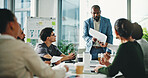 Businessman, presentation or meeting with documents, team or whiteboard for project in office. Man, employee or coach with group for brainstorming, staff training or business strategy in workplace