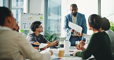 Buy stock photo Businessman, presentation or meeting with documents, team or whiteboard for project in office. Man, employee or coach with group for brainstorming, staff training or business strategy in workplace