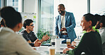 Man, presentation and applause at office meeting, team and success with support at finance company. Person, speaker and paperwork with group, motivation and achievement with goal at investment agency