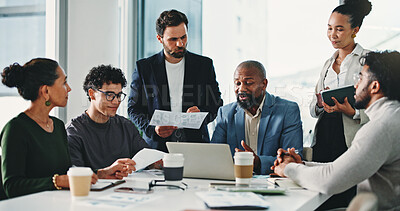 Buy stock photo Business people, meeting and discussion with documents, laptop and planning with financial review. Team, men and women with computer, feedback and collaboration for investment strategy at agency