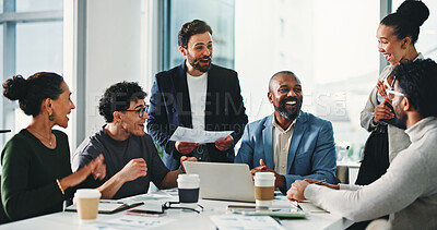 Buy stock photo Business people, surprise and excited at office meeting, finance and achievement with revenue goals. Team, men and women with good news, profit and review charts with success at investment agency