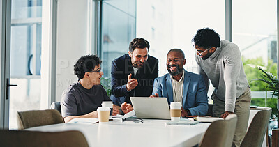 Buy stock photo Excited, people and meeting with laptop in office for good news, promotion email and story funding. Team, discussion and pc for announcement, positive feedback and achievement for award nomination