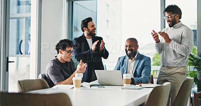 Buy stock photo Applause, meeting and business people for partnership, deal or thank you in office. B2B merger, laptop and celebration for success, congratulations or client introduction for collaboration agreement