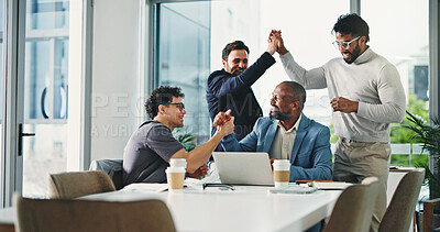 Buy stock photo High five, meeting and business people for partnership, deal or thank you in office. B2B merger, laptop and celebration for success, congratulations or client introduction for collaboration agreement