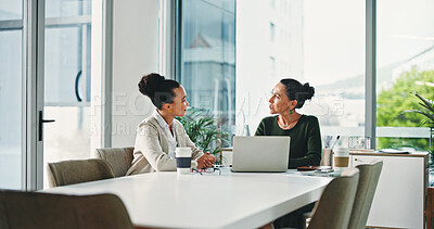 Buy stock photo Boardroom, meeting and women with laptop, plan and collaboration for funding opportunity and online. Business, teamwork and colleagues with tech for investment proposal, discussion or project on web