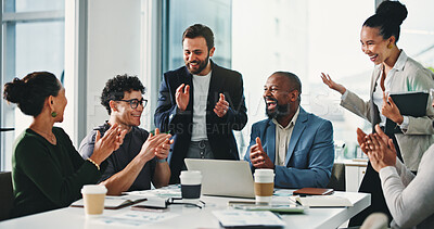 Buy stock photo Business people, applause and celebration at office meeting, happy and achievement with revenue goals. Team, men and women with clapping, cheers and motivation with success at investment agency