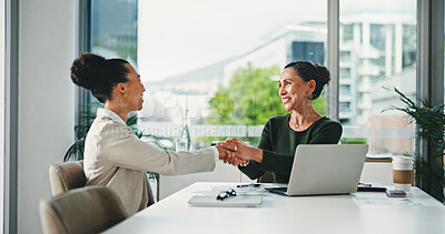 Buy stock photo Smile, business women and handshake in office for partnership, investment deal or merger. Happy people, shaking hands and collaboration at work for acquisition, financial integration or thank you