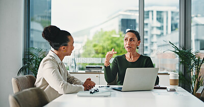 Buy stock photo Laptop, meeting and business women in office with feedback on corporate performance review. Discussion, computer and female hr manager with employee for advice on career evaluation in workplace.