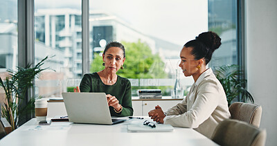 Buy stock photo Computer, discussion and business women in office with feedback on corporate performance review. Meeting, laptop and female hr manager with employee for advice on career evaluation in workplace.