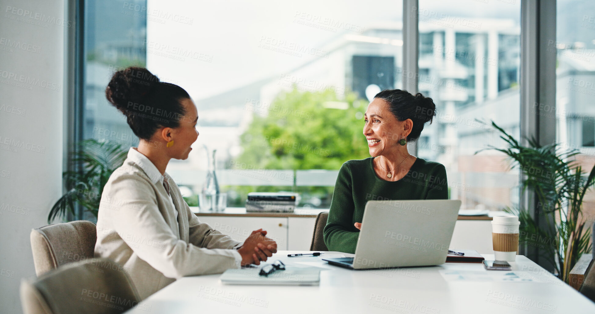 Buy stock photo Boardroom, meeting and women with laptop, happy and collaboration for funding opportunity and online. Business, teamwork and colleagues with tech for investment proposal, discussion or project on web