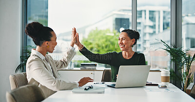 Buy stock photo Laptop, high five and business women in office for meeting, finance report and collaboration. Tech, celebration and financial advisors with investment proposal, achievement and deal in workplace