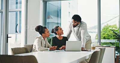 Buy stock photo People, talking and meeting with laptop, happy and collaboration for funding opportunity and online. Business, teamwork and colleagues with tech for investment proposal, discussion or project on web