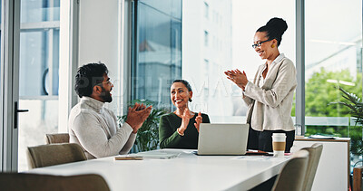 Buy stock photo Boardroom, meeting and people with laptop, applause and happy for funding opportunity or celebration. Business, teamwork and colleagues with tech for investment proposal, win and clapping for success